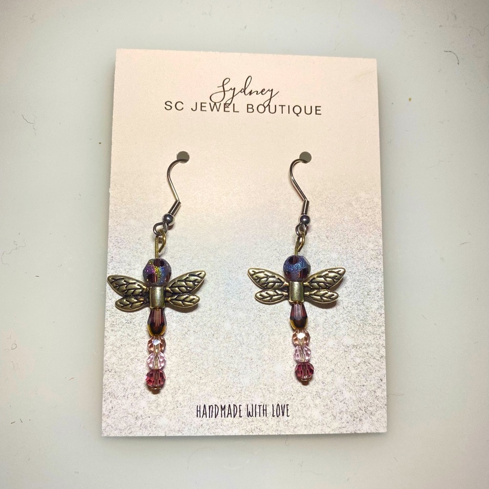 Handmade purple dragon fly earrings
